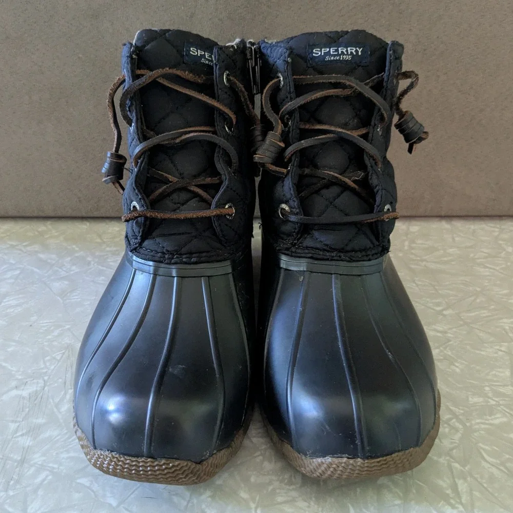 Sperry Topsider Quilted Duck Boots Black Ankle Rain Boots Womens 8W